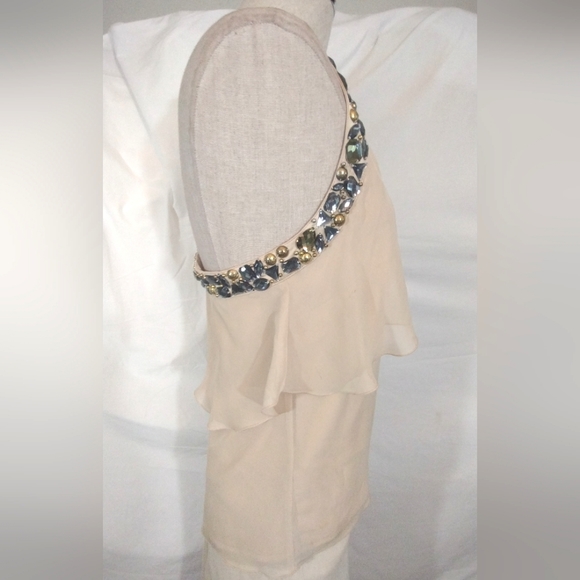 Bebe Skirt +Top Set, Jeweled, Warm Beige, Asymmetrical Hem, open back, S - Picture 8 of 13